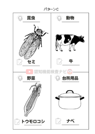 画像：認知機能検査イラストパターンCの2枚目（セミ・牛・トウモロコシ・ナベ）