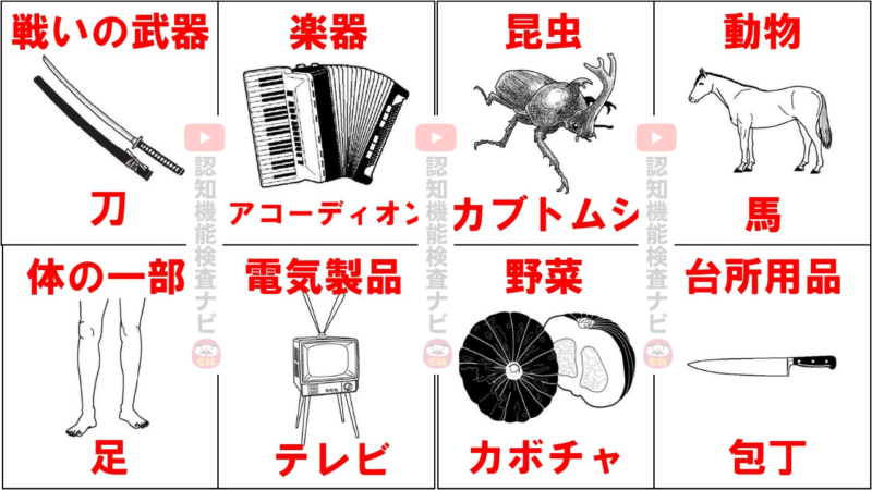 高齢者講習 認知機能検査 イラスト問題16種類64枚の絵 パターン一覧 22年 運転免許 認知機能検査ナビ